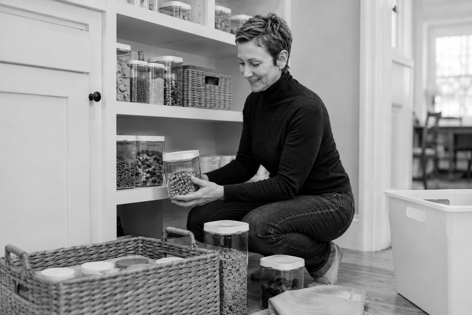 Carrie arranging pantry containers