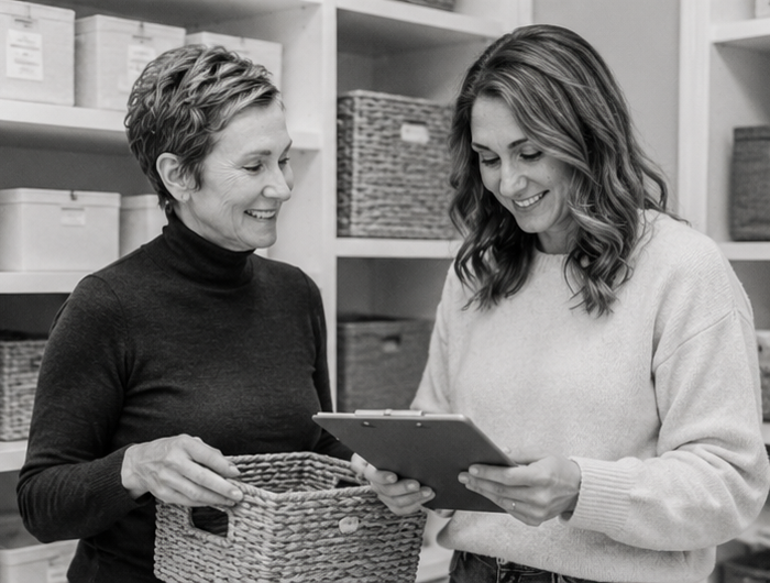 Carrie and Casey reviewing organizing plans together